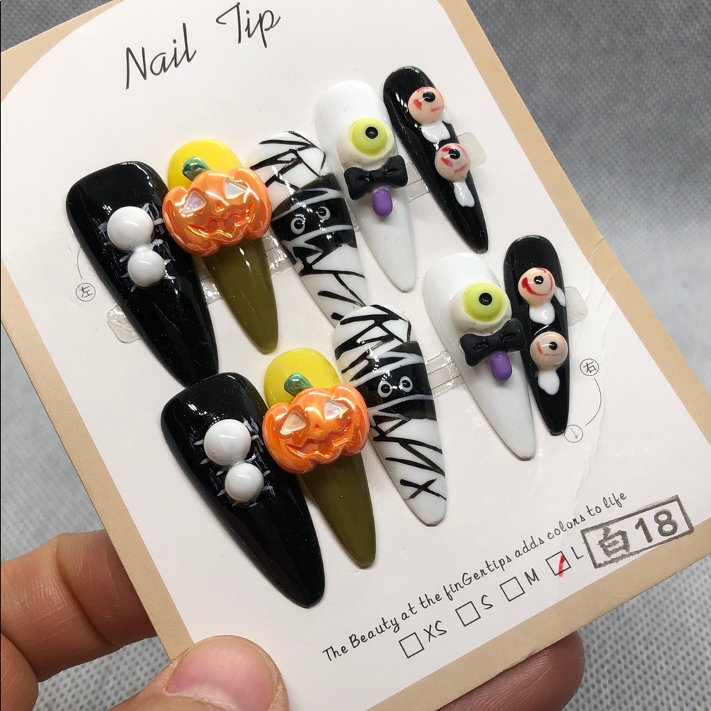 Size L Halloween Kids Nail Tips - Pumpkin & Eyeball Design, Black White Yellow